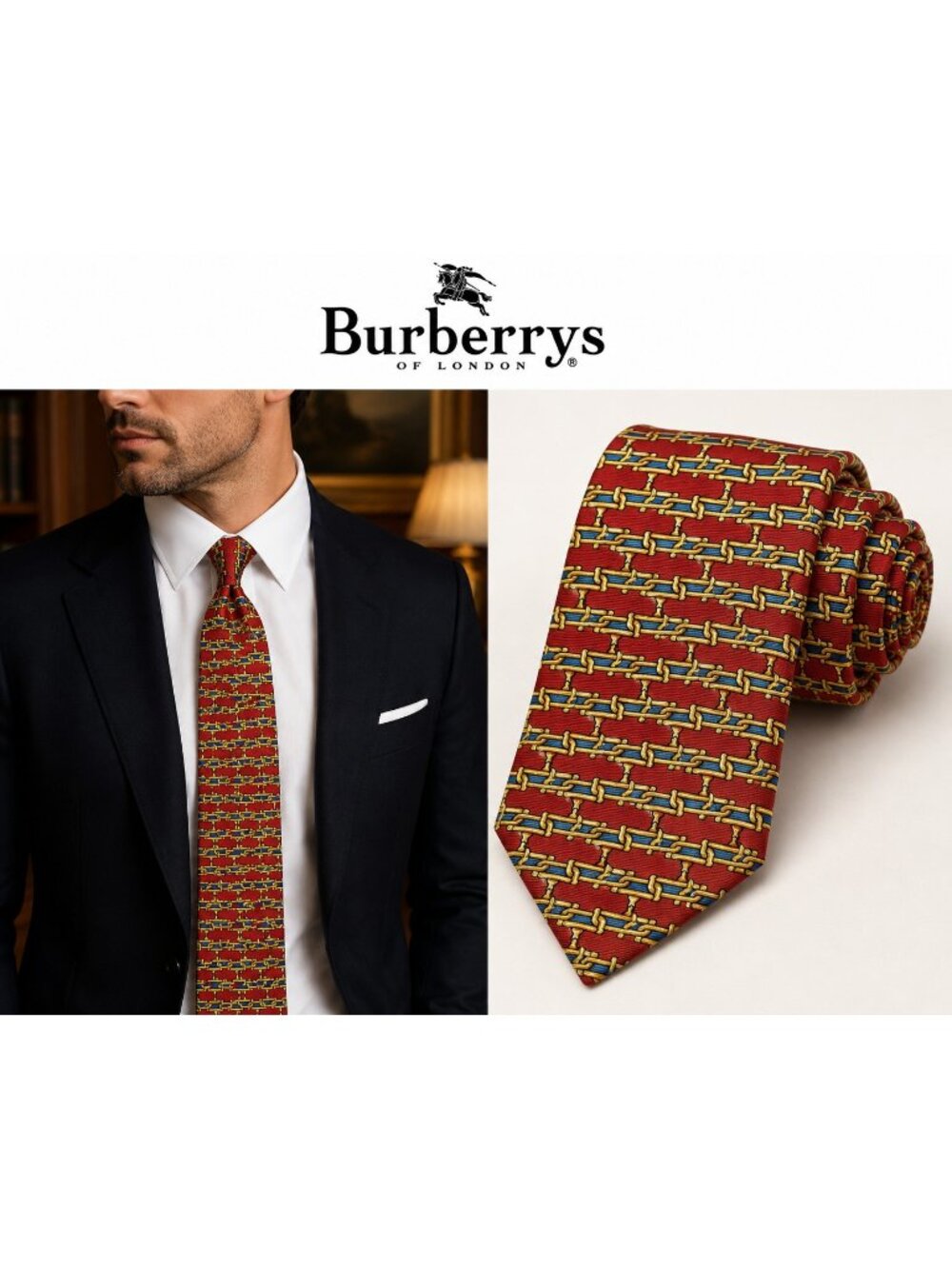 Vintage Burberrys Silk Tie Red Blue Gold Equestrian Horse Bit Made USA